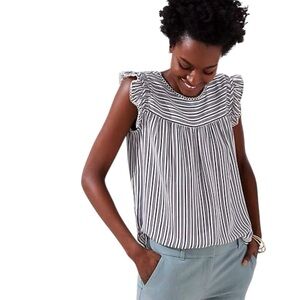 LOFT Lacy Gray & White Striped Shirred Blouse Crochet Ruffle Sleeves size M